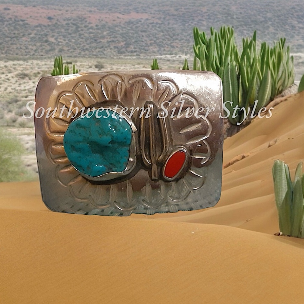 Vintage Style Sterling Silver Turquoise Red Mediterranean Coral Belt Buckle